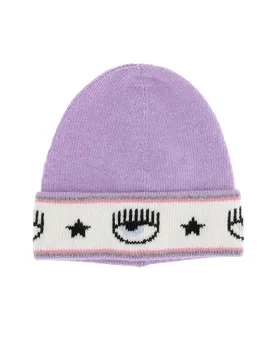 Berretto viola in misto lana e cachemire con risvolto e fascia logo eyestar ripetuta S-L - CHIARA FERRAGNI - FashionsVida