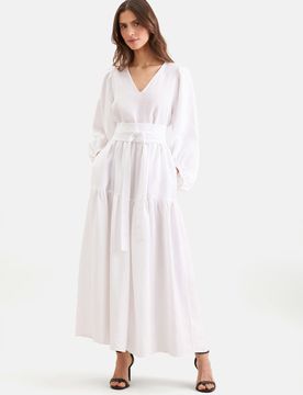 Stufenkleid mit V- Neck aus 100% Leinen Weiß 42