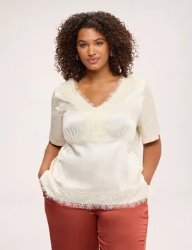 Blusa de mujer de satén con detalles de encaje escote bajo el busto con frunces - Fiorella Rubino - FashionsVida