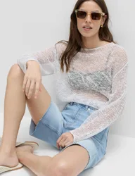 Cotton Blend Metallic Jumper with Linen Soft White female