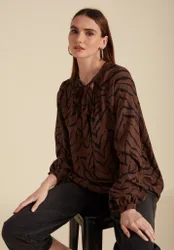 Helena Bow Detail Tiger Print Blouse In Brown - 8