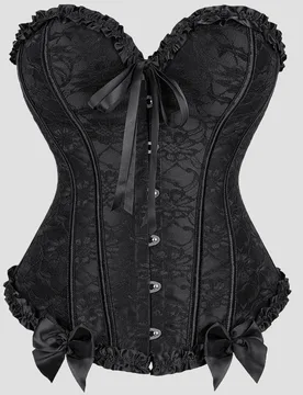 Top Corsé Estilo Corte con Encaje Negro y Volantes, Decoración de Lazo, Botón Delantero, Cordones Traseros, Cinturilla de Ballenas, Disfraz de Hall - Shein - FashionsVida