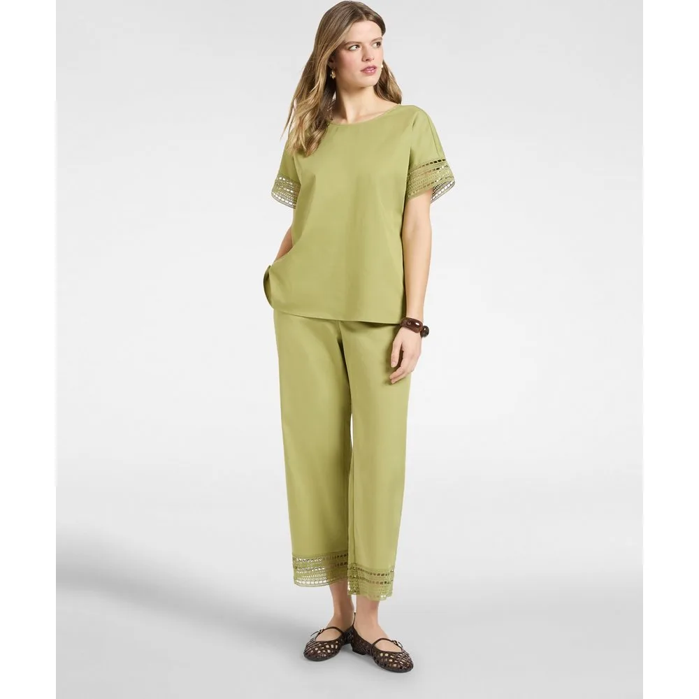 Pantalones de mujer mezcla de algodón con encaje ajuste regular cierre con botón y cremallera - Elena Miró - FashionsVida