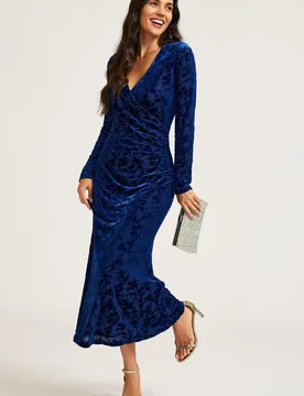 Women's Floral Velvet Devore Long Sleeve Wrap Midi Dress In Navy Size: XS - Navy - Size: XS - FS Collection - FashionsVida