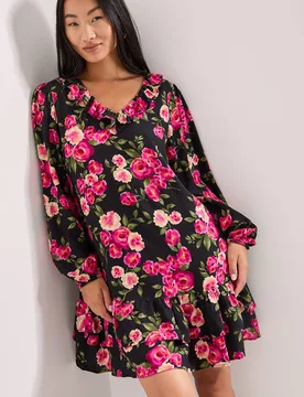 Women's Petite Black Floral Collar Detail Blouson Sleeve Tiered Mini Dress Size: 12 - Floral - Size: 12 - Dorothy perkins - FashionsVida