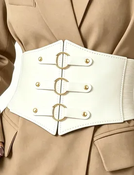 Pieza Cinturón de mujer de cuero PU blanco y elástico de moda, ciñedor de cintura versátil con decoración de anillo redondo, adecuado para vacaci - Shein - FashionsVida