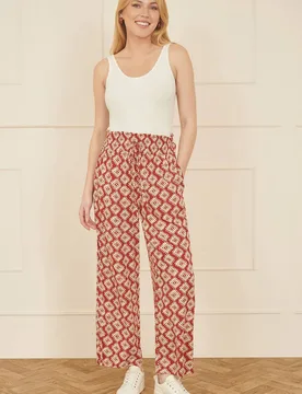 Women's Red Geo Print Relaxed Fit Trousers Size: 18 - Red - Size: 18 - Yumi - FashionsVida