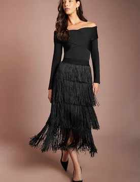 Women's Fringed Tiered Midi Skirt in Black Size: 8 - Black - Size: 8 - Coast - FashionsVida