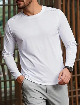 Camiseta de cuello redondo de manga larga y peso ligero para uso casual o deportivo, color blanco, primavera - Shein - FashionsVida