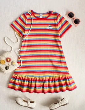 Vestido casual de verano para niña con volantes y rayas de colores - Shein - FashionsVida