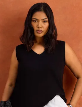 Pure Cotton Textured V-Neck Vest Black female - Live Unlimited London - FashionsVida