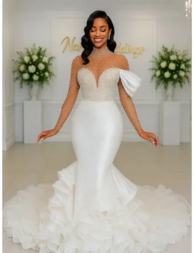 Customized African style wedding dress with high neck long sleeves bead embroidery decoration lotus leaf skirt Vestido de Novia - Aliexpress - FashionsVida