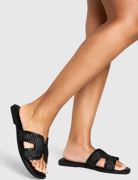 Womens Wide Fit Raffia Cutout Sandals - Black - Size Uk 7 - Boohoo - FashionsVida