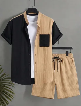Conjunto de camisa de manga corta con botones y contraste de color, y pantalones cortos para uso casual diario y playa para hombres en verano - Shein - FashionsVida