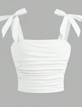 Top camisero elegante, ajustado y de un solo color con lazo en el hombro y plisado lateral para niña preadolescente - Shein - FashionsVida