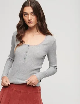 Superdry Damen Geripptes, Langärmeliges Henley-oberteil Grau - Größe: M/L - 34.99 - FashionsVida