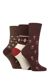 Women's 3 Pair Gentle Grip Cotton Patterned and Striped Socks Fairisle Fancy Cream / Chocolate 4-8 - Multi Coloured - Size: Small