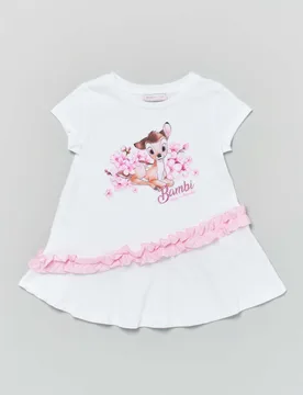 Maxi t-shirt bianca con stampa Bambi e rouches - Monnalisa - FashionsVida