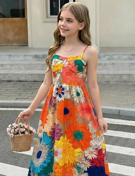 Vestido sin mangas de largo medio con estampado floral pequeño para niña preadolescente, beige, estilo bohemio para vacaciones de verano - Shein - FashionsVida