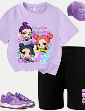 Conjunto de 2 piezas de camiseta de manga corta con cuello redondo y estampado de 3 niñas lindas + pantalones cortos con estampado de letras colorida - Shein - FashionsVida