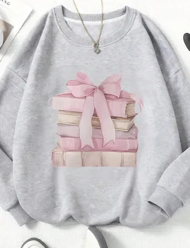 Sudadera con cuello redondo con estampado de libros y lazos, ideal para volver al colegio - Suave, lavable y versátil - Uso diario casual para otoño - Shein - FashionsVida