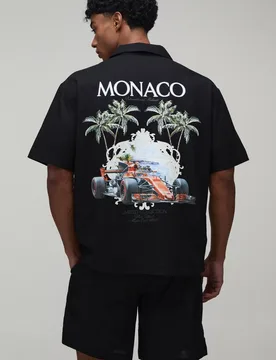 Herren Monaco Racing Rückendruck Übergroßes Hemd & Shorts Set Black Größe Medium - boohooMAN - FashionsVida