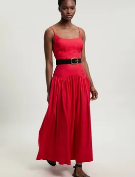 Women's Viscose Linen Belted Drop Waist Woven Midi Dress in Red Size: 14 - Red - Size: 14 - Karen millen - FashionsVida