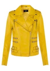 Women's Leather Vintage Brando Biker Jacket-Orlando in Yellow Size: 8 - Yellow - Size: 8