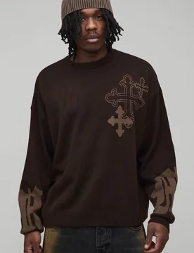 Men's Tall Oversized Boxy Cross Graphic Knitted Jumper Chocolate Size Large Chocolate L - boohooMAN - FashionsVida