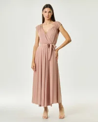 Abito lungo senza maniche color malva in viscosa e lurex con scollo a V e cintura