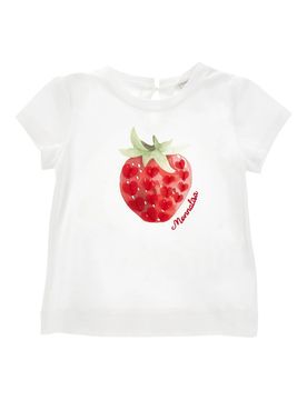 Mini Strawberry Print Short Sleeve Round Neck Top with Button Fastening