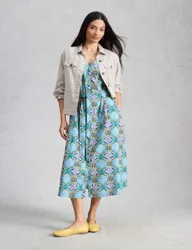 Linen Rich Printed Midi Tea Dress Blue Mix female