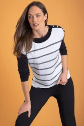 Stripe Knitted Short Sleeve Top - White - Size: XL