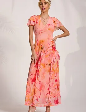 Women's Cap Sleeve Ruffle Mesh Maxi Dress in Orange Size: 14 - Orange - Size: 14 - Jolie Moi - FashionsVida