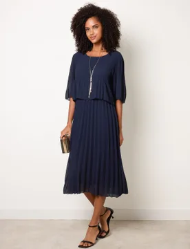 Pleated Short Sleeve Dress with Necklace - S/M / NAVY - female - Blue Vanilla - FashionsVida