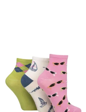 Women's 3 Pair Plain and Patterned Bamboo Ankle Socks Patterned Ocean View 4-8 - Assorted - Size: Small - SockShop - FashionsVida