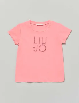 T-shirt Liu Jo color corallo mezza manica con scritta logo strass - Liujo - FashionsVida