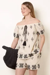 Women's Stone Embroidered Bardot Top Size: Small - Stone - Size: S