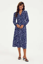 Women's Brushstroke Print Long Sleeve Button Front Midi Dress In Navy Size: Large - Navy - Size: L