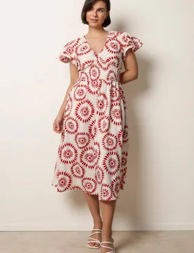 Women's Cream & Red V Neck Frill Sleeve Printed Midi Dress Size: Medium - Cream - Size: M - Blue Vanilla - FashionsVida