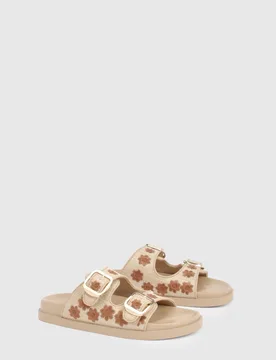Womens Raffia Flower Double Buckle Sliders - Natural - Size Uk 4 - Boohoo - FashionsVida