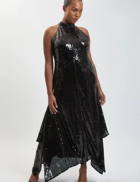 Women's Plus Size Sequin Halter Neck Hanky Hem Maxi Dress in Black Size: 20 - Black - Size: 20 - Karen millen - FashionsVida