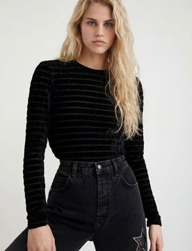 Body ajusté en velours à rayures, Noir, XS