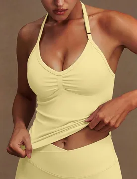 Top de yoga sin mangas con cuello halter para mujer, almohadillas extraíbles, tirantes, espalda fruncida y sin espalda, transpirable, sin costuras, c - Shein - FashionsVida