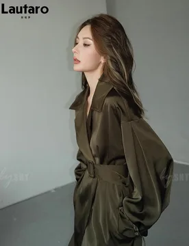 Lautaro Autumn Long Flowy Dark Green Trench Coat for Women Belt Single Breasted Luxury Designer Women Clothing 2023 New Arrivals - Aliexpress - FashionsVida