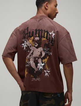 Herren Schokoladenbraunes Übergroßes Kastenförmiges Cherub Grafik Spray-Waschung Oberteil Chocolate Größe 4XL