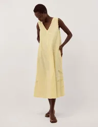 Pure Cotton V-Neck Cutwork Midi Swing Dress Yellow female