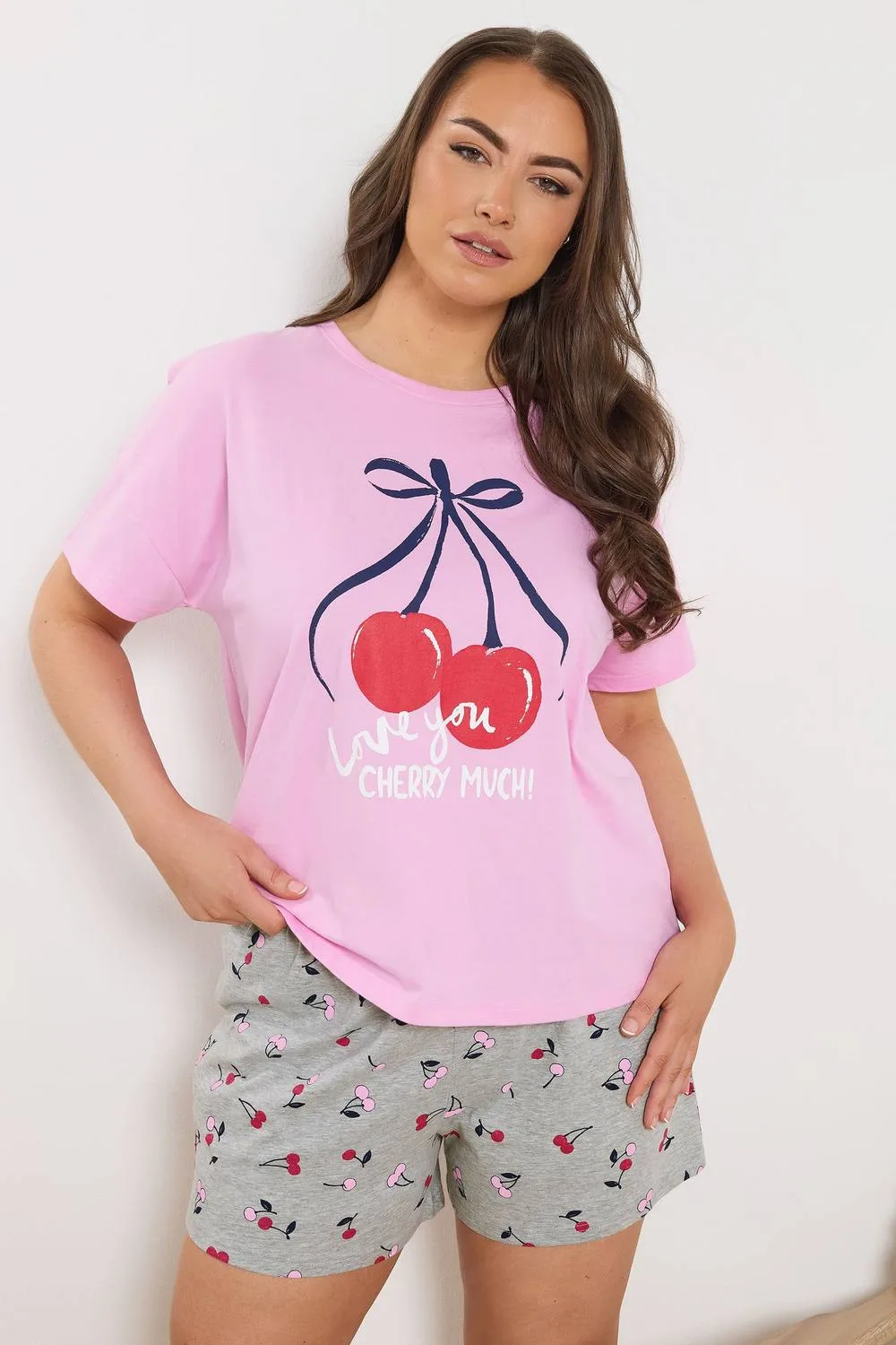 Cherry Pyjama Shorts - Grey - Size: 34-36 - Yours - FashionsVida