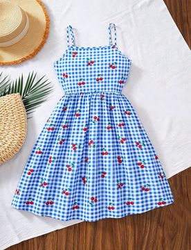 Vestido sin mangas para niñas preadolescentes. Diseño de cuadros azul y blanco + estampado de flores de cerezo, fresco y alegre. Tirantes de espague