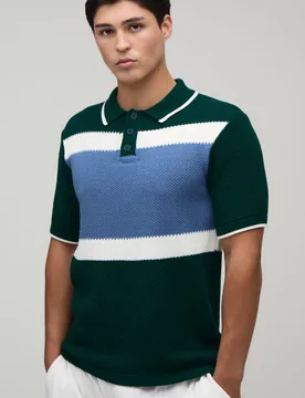 Mens Regular Colour Block Pique Knitted Polo - Green - Size Large - boohooMAN - FashionsVida